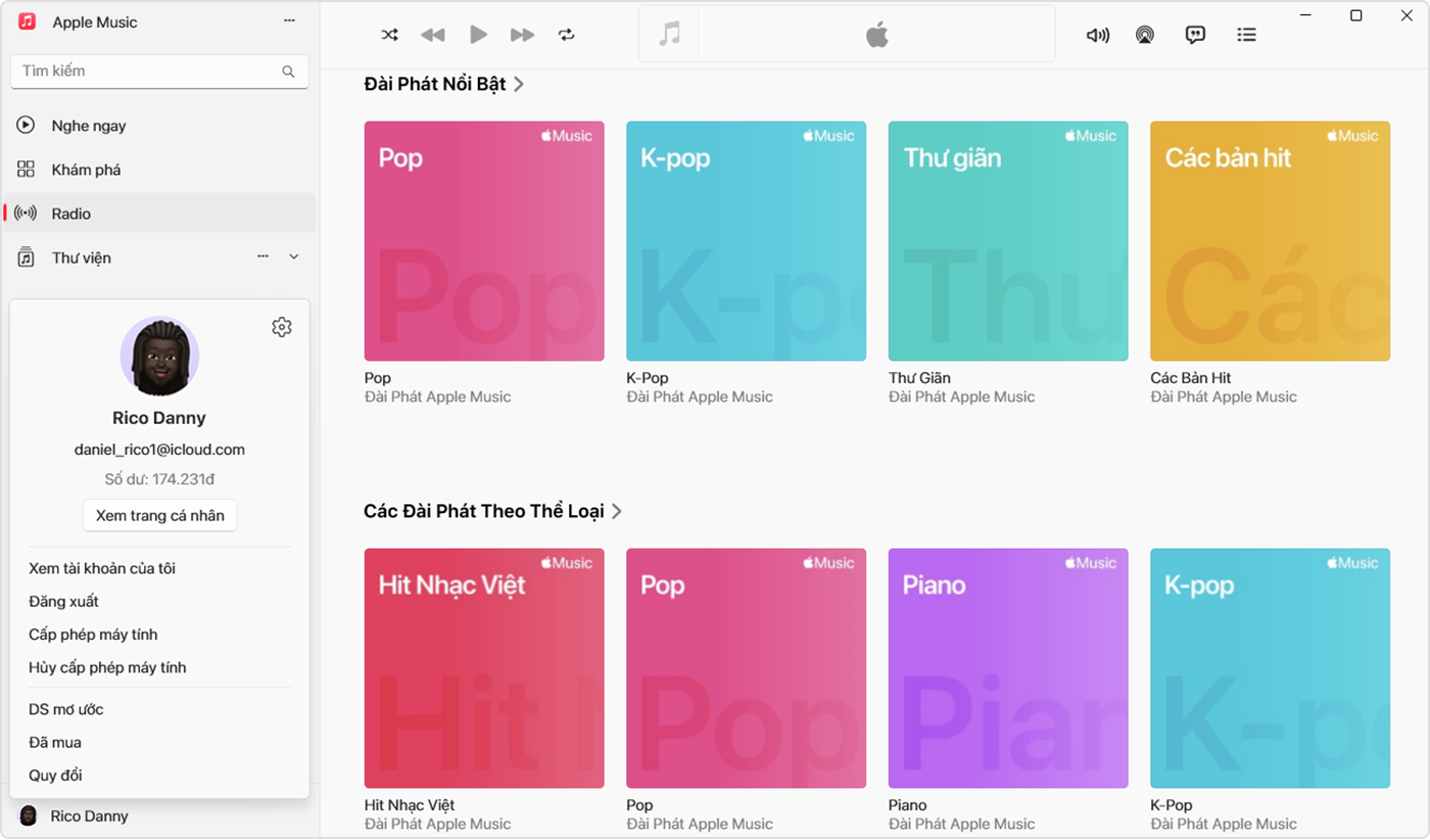 Menu Tài khoản trong Apple Music dành cho Windows, có hiển thị số dư tài khoản.