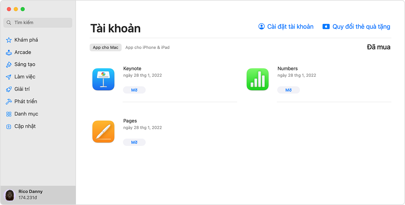 Màn hình Tài khoản trong App Store dành cho macOS, có tô sáng số dư tài khoản.