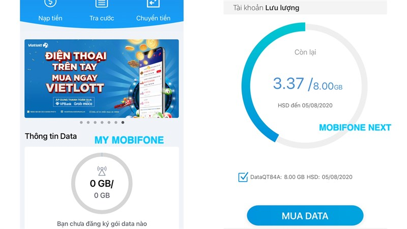 đăng nhập app dung lượng 4G Mobifone trên app