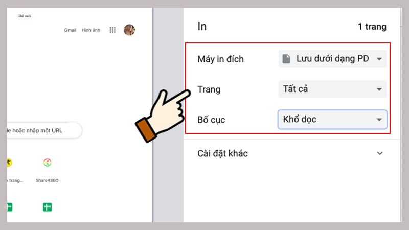 Ở mục máy in đích chọn Lưu dưới dạng PDF, tùy chỉnh trang PDF, bố cục,...