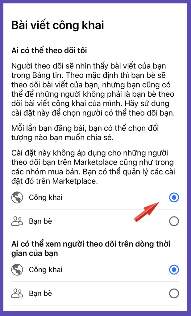 Tại mục Ai có thể theo dõi tôi, chọn Công khai