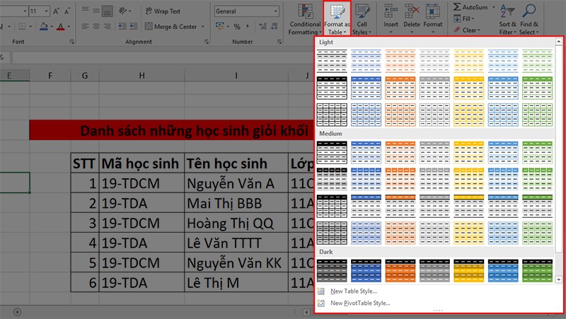 Danh sách các kiểu bảng của Format as Table hiện ra với rất nhiều kiểu cho bạn lựa chọn