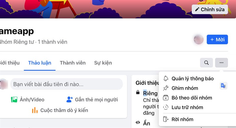 Nhóm được tạo thành công, bạn hoàn toàn có quyền kiểm soát nhóm của mình