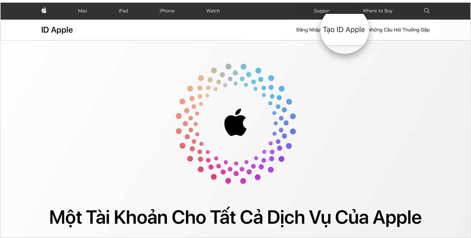 Màn hình web hiển thị liên kết để Tạo ID Apple