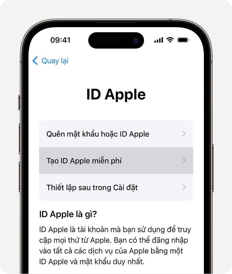 Màn hình iPhone hiển thị tùy chọn để chọn Tạo ID Apple miễn phí