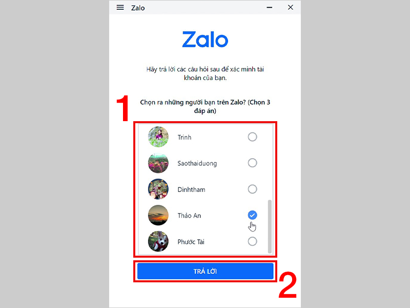 Xác nhận tên 3 tài khoản Zalo của bạn bè và nhấn Trả lời