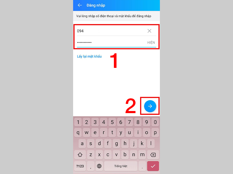 Nhập số điện thoại và mật khẩu và nhấn gửi