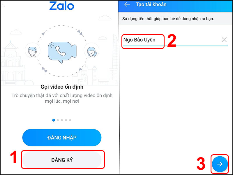 Đăng ký Zalo bạn nhập tên tài khoản Zalo để tạo mới