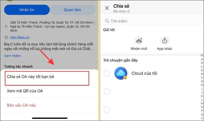 Chọn vào dòng chữ Chia sẻ OA này tới bạn bè