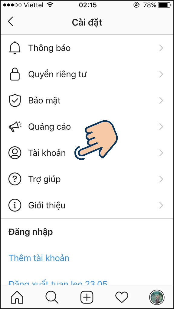 Nhấp vào Tài khoản