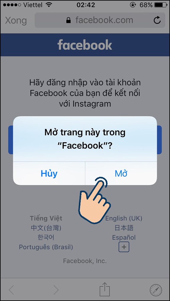 hãy chọn Mở để mở trang này trong Facebook