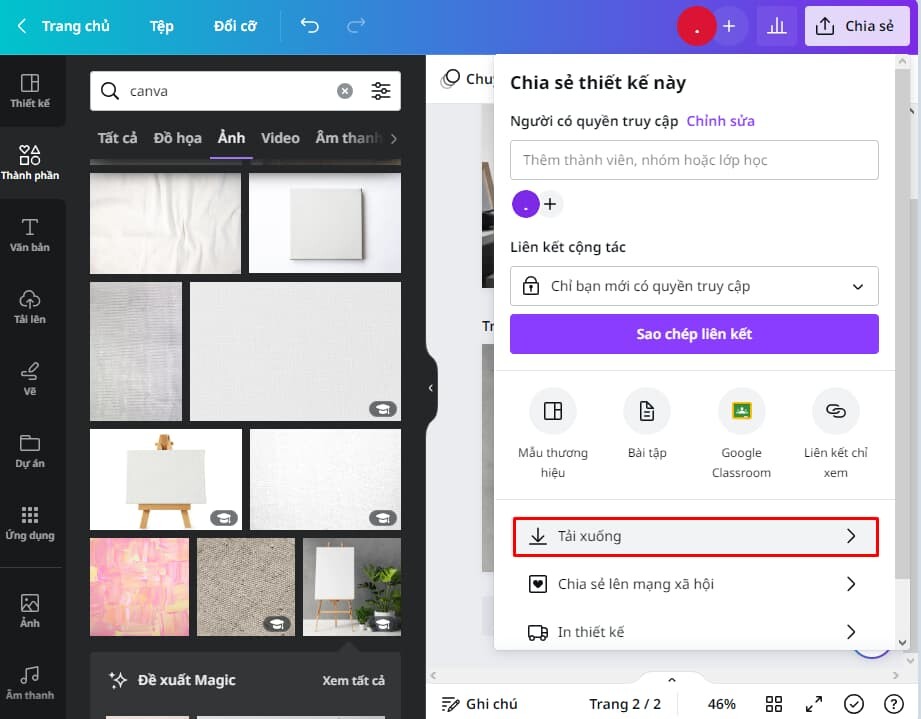Nhấn nút Tải xuống để lưu ảnh trên Canva về thiết bị