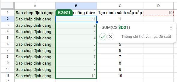 Ví dụ về bảng dữ liệu tính toán trong gg sheet