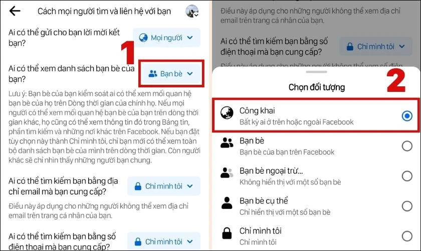 Nhấn vào ô Bạn bè, chọn công khai