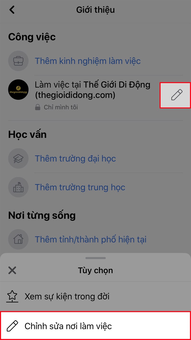 Chọn thông tin mà bạn muốn chỉnh sửa, nhấn vào biểu tượng cây bút > Chọn Chỉnh sửa hoặc nhấn Thêm ở từng thông tin để thêm mới thông tin