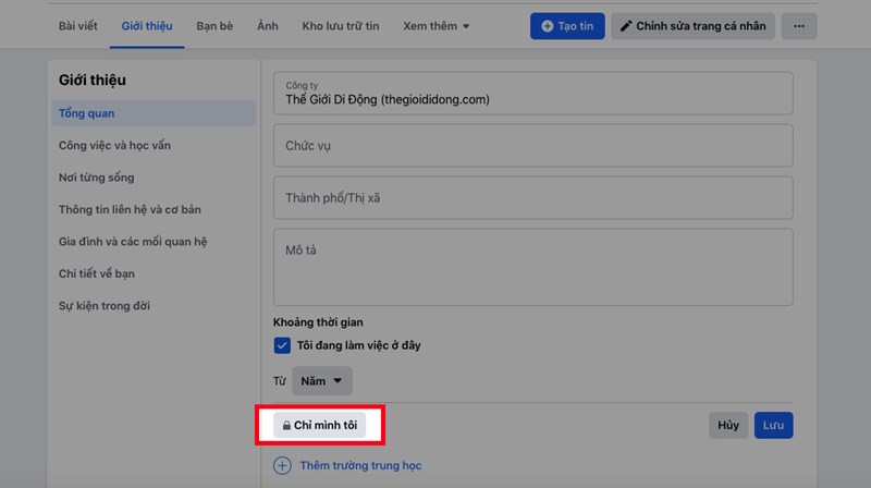 Tại mục Giới thiệu, chọn thông tin mà bạn muốn chỉnh sửa