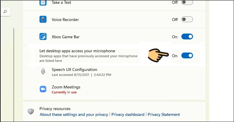Trượt thanh ngang sang phải tại mục Let apps access your microphone