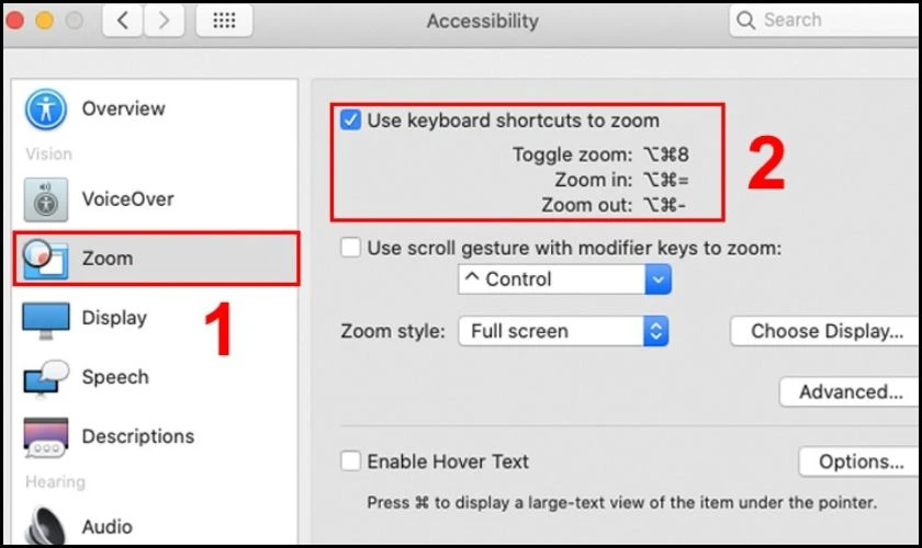Chọn ô Use keyboard shortcuts to zoom