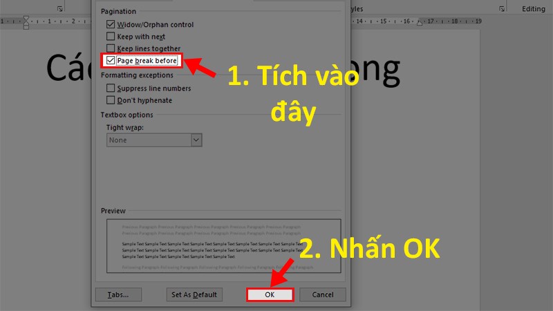 Tích vào ô Page break before > Nhấn OK để ngắt trang trong Word