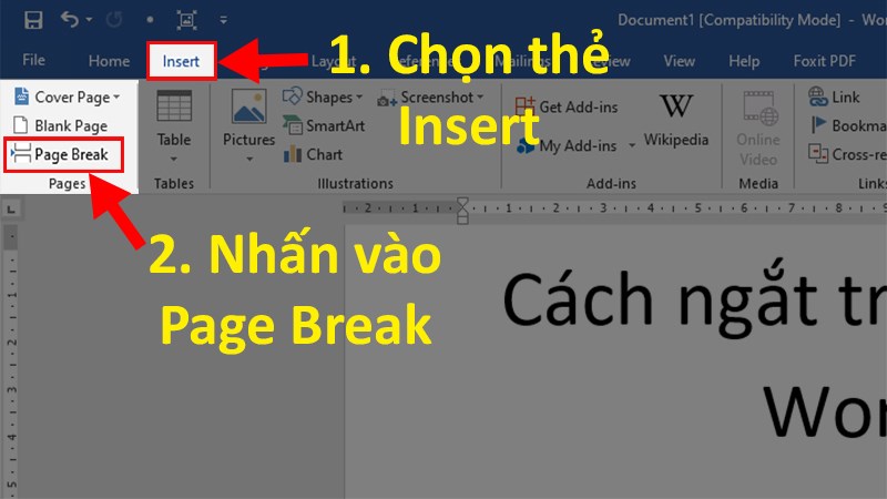 Chọn thẻ Insert > Ở phần Pages > Chọn Page Break để ngắt trang trong Word