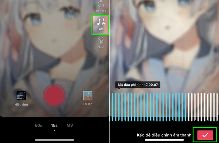 Bạn nhấn “Cắt” rồi kéo qua trái hoặc phải để điều chỉnh thời điểm ghép âm thanh vào video.