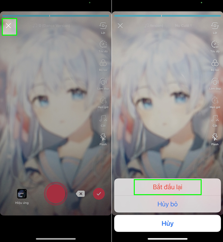 Bạn nhấn vào dấu “X” rồi chọn “Bắt đầu lại” để quay video mới.