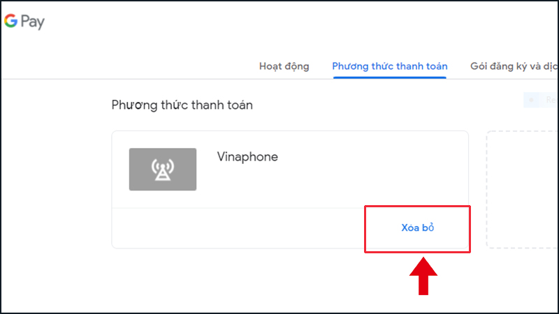 Chọn mục Xóa bỏ để xóa đi phương thức thanh toán bạn muốn