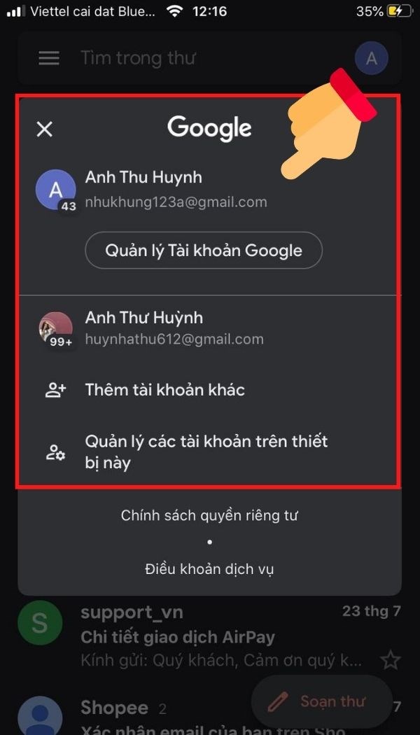 Cách thêm tài khoản gmail, đăng nhập nhiều tài khoản Gmail trên iPhone, Android