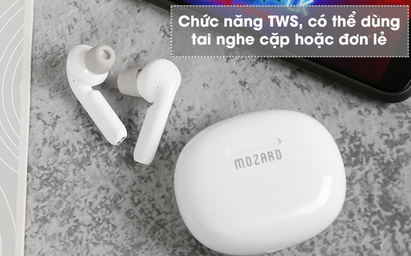 Tai nghe Bluetooth True Wireless Mozard AT15 Trắng - Có chức năng TWS