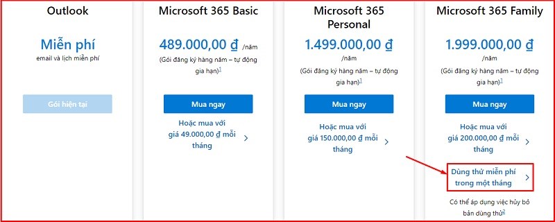 Chọn vào “Dùng thử miễn phí trong 1 tháng”