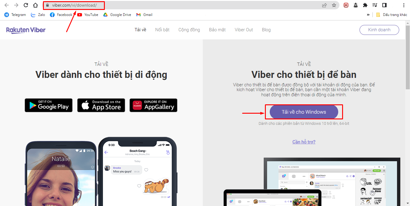 Bạn nhấn vào “Tải về cho Windows” để download ứng dụng Viber về máy tính.