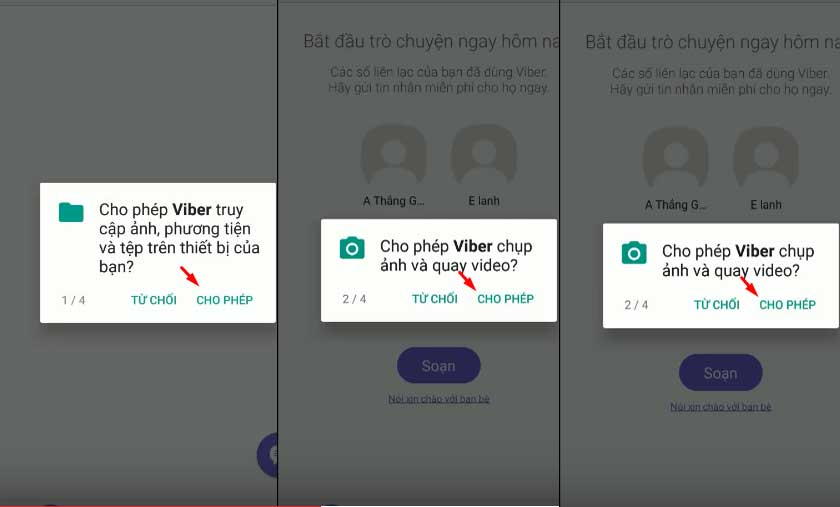 Bạn nhấn “Cho phép” 2 lần để truy cập danh bạ và kích hoạt tài khoản Viber.