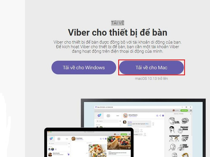 Bạn nhấn vào mục “Tải về cho Mac” để download Viber về Macbooks.