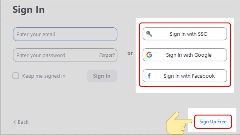 Chọn Sign Up Free để đăng ký tài khoản Zoom