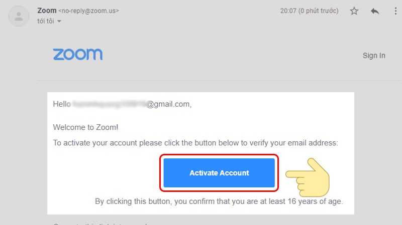 Truy cập vào email và kích hoạt tài khoản Zoom