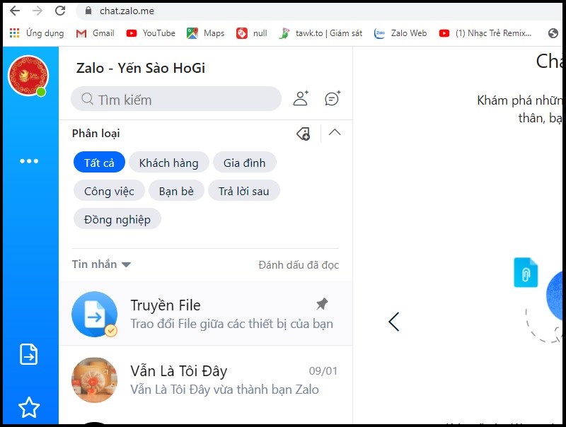 Tài khoản Zalo thứ nhất đã được đăng nhập trên Zalo web