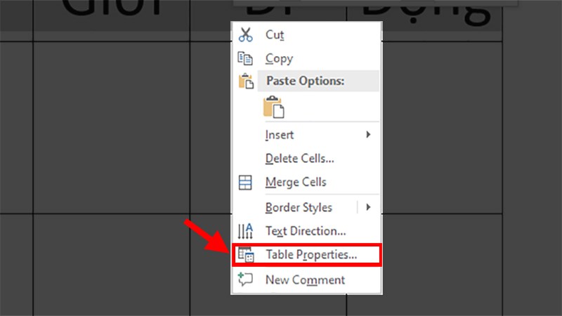 Chọn Table Properties