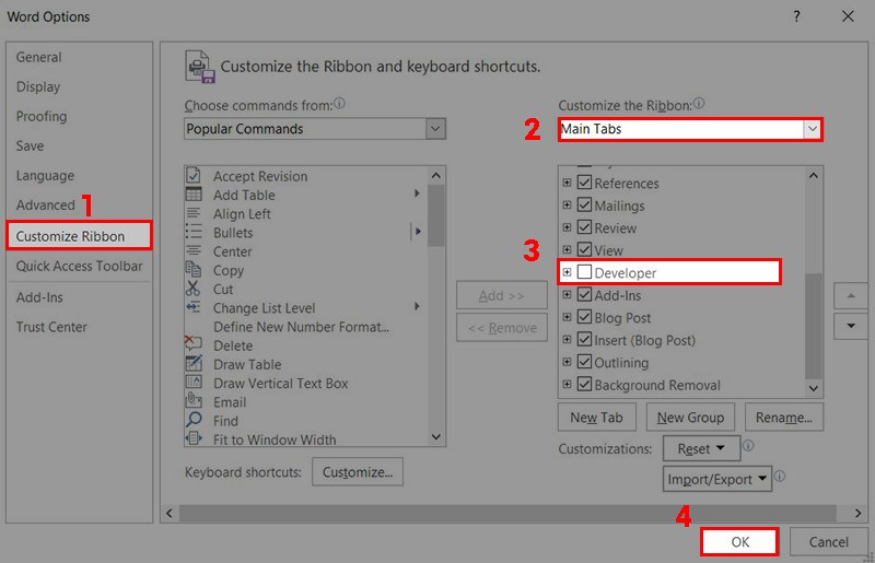 Ở giao diện Word Options tìm tới mục Custom Ribbon rồi nhìn sang bên phải phần Customize the Ribbon, chọn Main Tabs, rồi tích chọn vào Developer để hiển thị trên thanh công cụ.