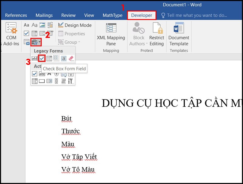 Quay trở lại giao diện Word, nhấp chuột vào nội dung cần chèn ô checkbox. Tại nội dung tích chọn vào tab Developer. Nhìn xuống bên dưới phần Control sẽ thấy biểu tượng Legacy Forms. Nhấn vào mục đó sẽ thấy biểu tượng checkbox để sử dụng cho tài liệu.