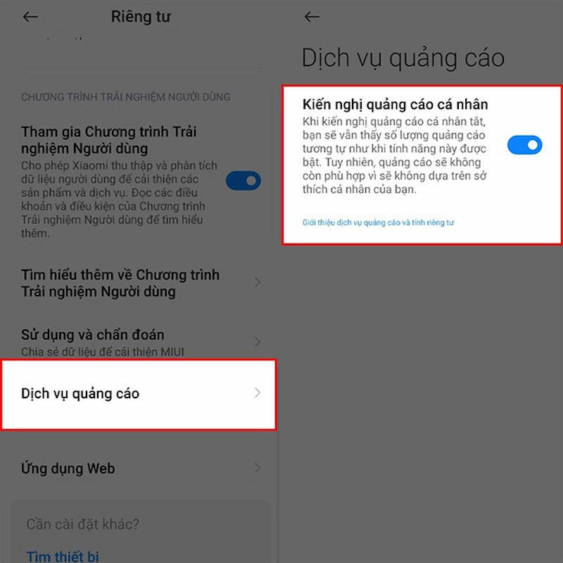 Tắt dịch vụ quảng cáo trên điện thoại Xiaomi