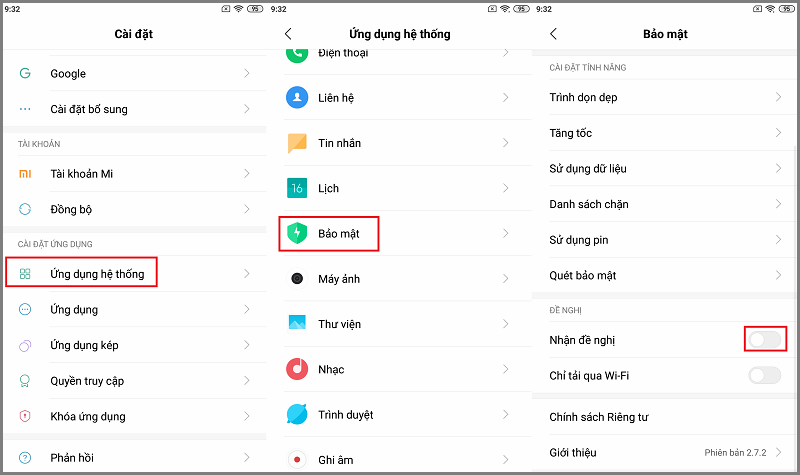 Tắt quảng cáo trên Xiaomi trong ứng dụng Bảo mật