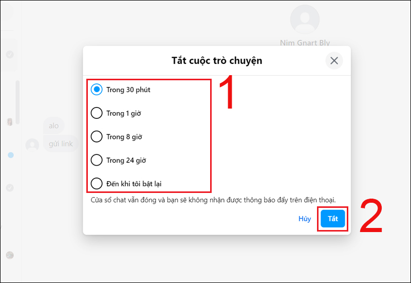 Chọn thời gian tắt thông báo Messenger trên máy tính