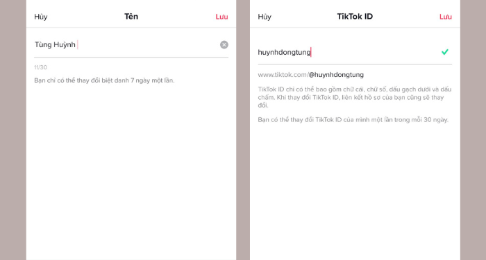Nhập tên mới ở phần Tên và TikTok ID (nếu muốn đổi ID mới).