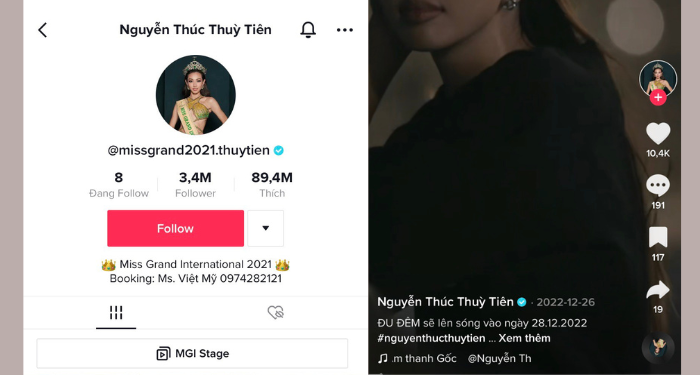 Theo hình minh họa, phần phía trên avatar (Nguyễn Thúc Thùy Tiên) là tên, phần bên dưới avatar (@missgrand2021.thuytien) là ID.