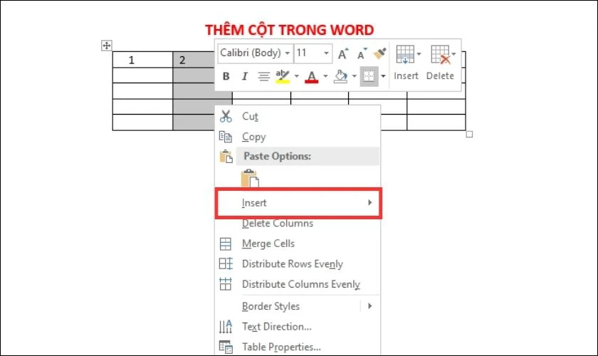 chèn column vào bảng word bằng insert