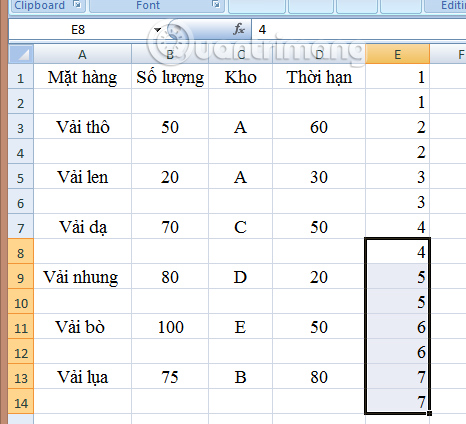 Chèn dòng xen kẽ trong excel