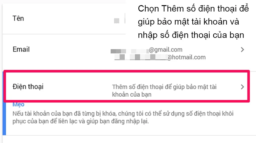 Mô phỏng thêm số điện thoại vào tài khoản email