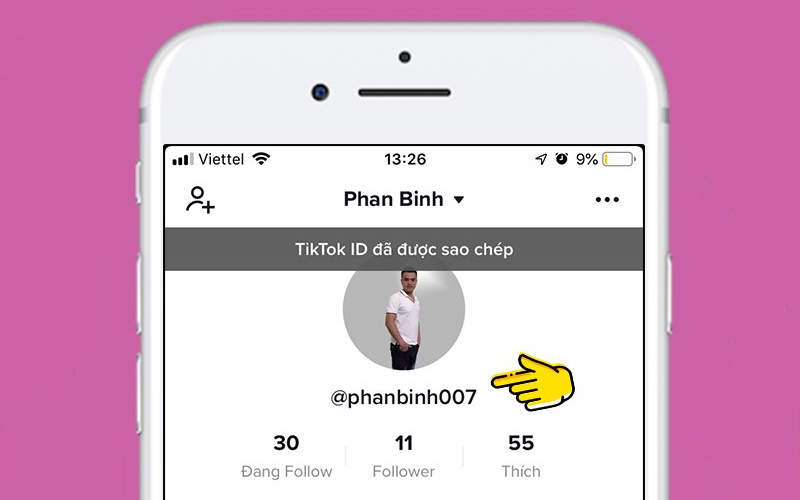 Bấm vào dòng ID ở dưới ảnh đại diện để sao chép ID TikTok của chính mình