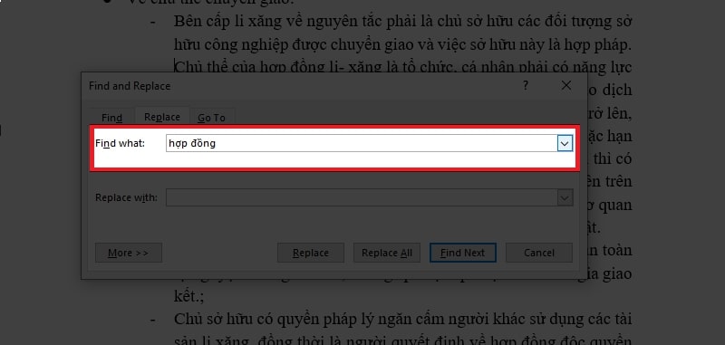 Thao tác tìm kiếm và thay thế từ, cụm từ