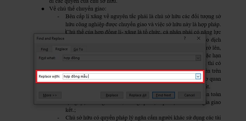 Nhập từ, cụm từ bạn muốn tìm kiếm để thay thế vào ô Find what